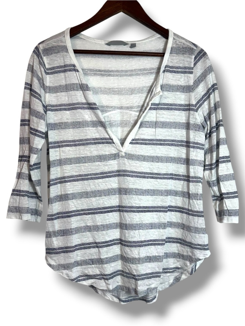 Athleta Linen Zephyr Striped V-Neck Blouse Top White Blue Large